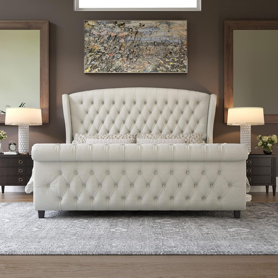 Dulane Chenille / Velvet Upholstered Sleigh Bed with Scroll Wingback Headboard